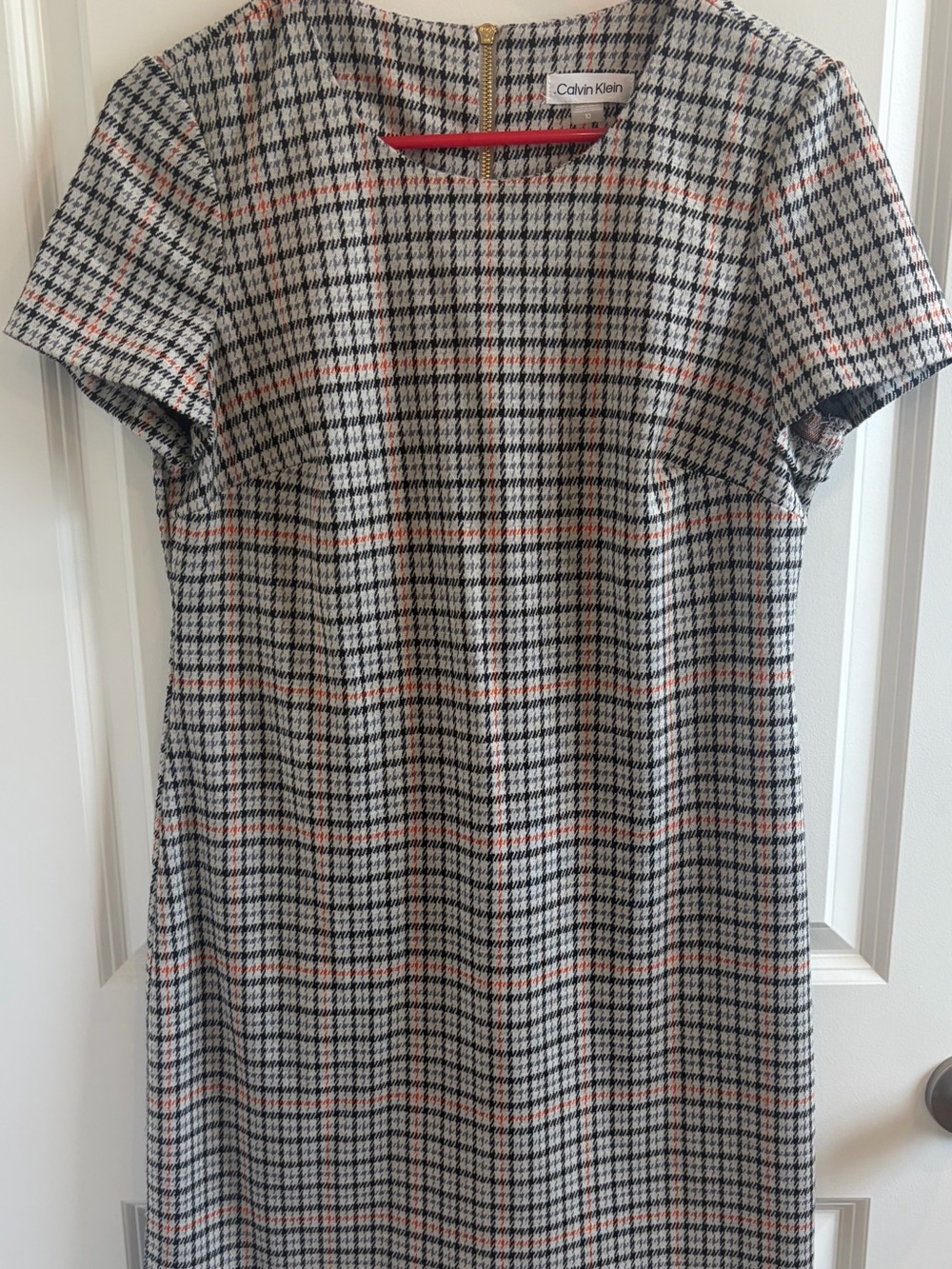Calvin Klein Plaid Sheath Dress in Black, White & Orange‎